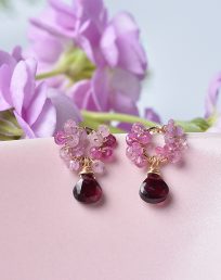 Dainty pink sapphire rhodolite garnet drop earrings
